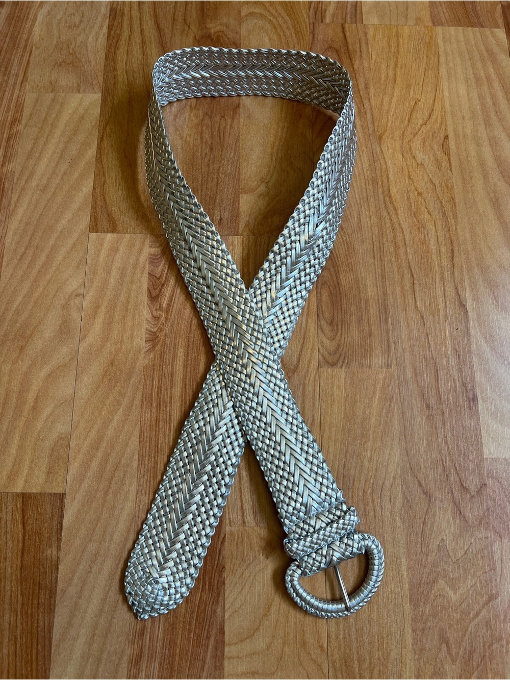 VGUC Woven Metallic Silver Belt with Covered Round Buckle 42” length